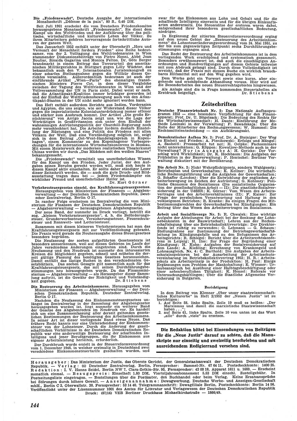 Neue Justiz (NJ), Zeitschrift für Recht und Rechtswissenschaft [Deutsche Demokratische Republik (DDR)], 6. Jahrgang 1952, Seite 144 (NJ DDR 1952, S. 144)