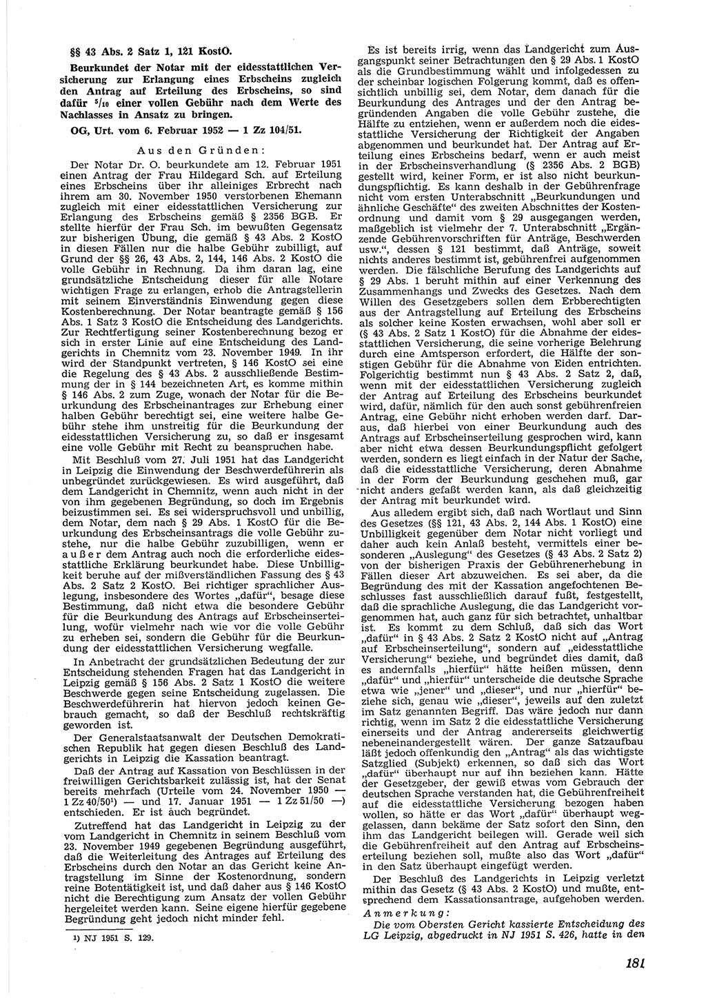Neue Justiz (NJ), Zeitschrift für Recht und Rechtswissenschaft [Deutsche Demokratische Republik (DDR)], 6. Jahrgang 1952, Seite 181 (NJ DDR 1952, S. 181)