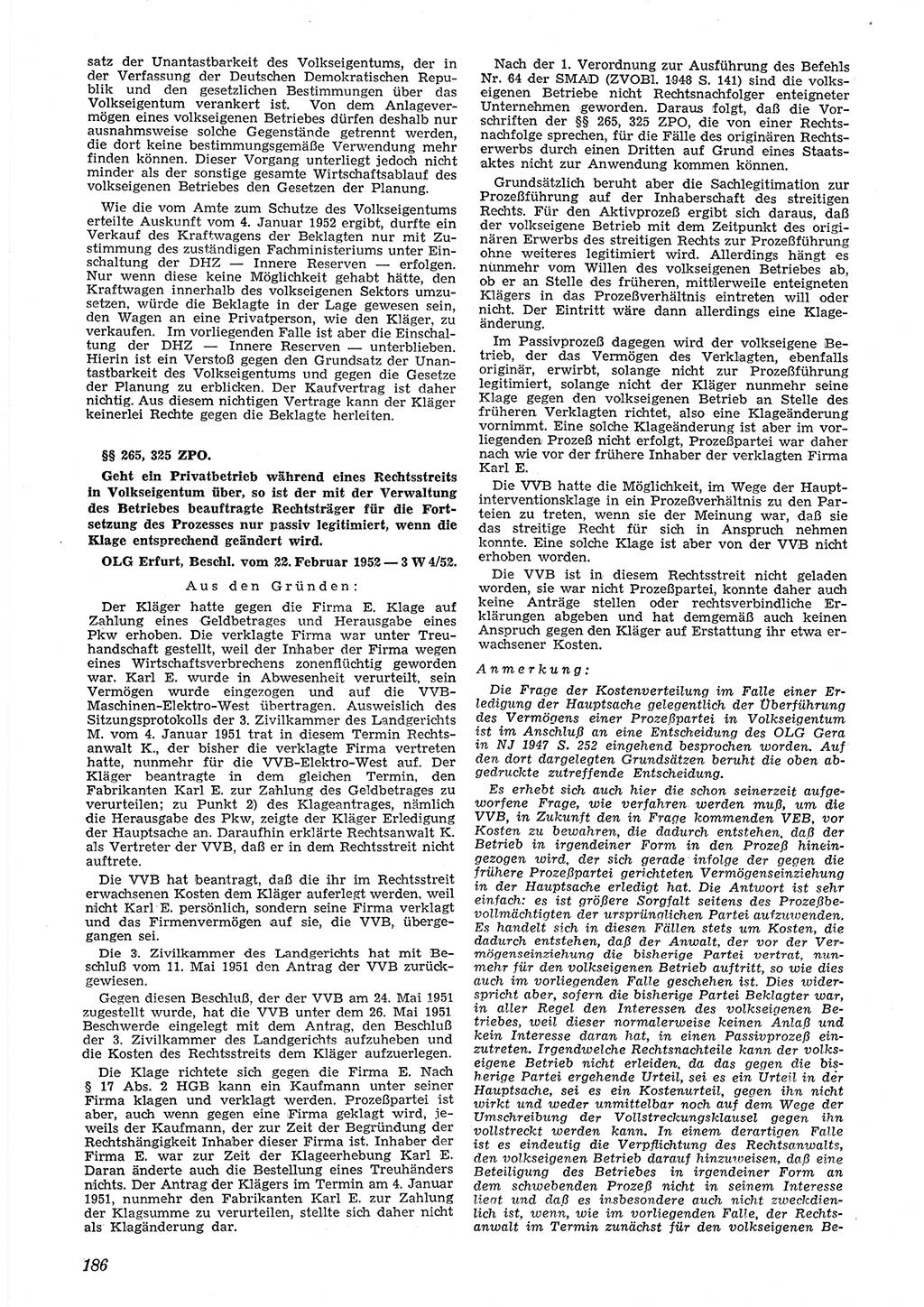 Neue Justiz (NJ), Zeitschrift für Recht und Rechtswissenschaft [Deutsche Demokratische Republik (DDR)], 6. Jahrgang 1952, Seite 186 (NJ DDR 1952, S. 186)