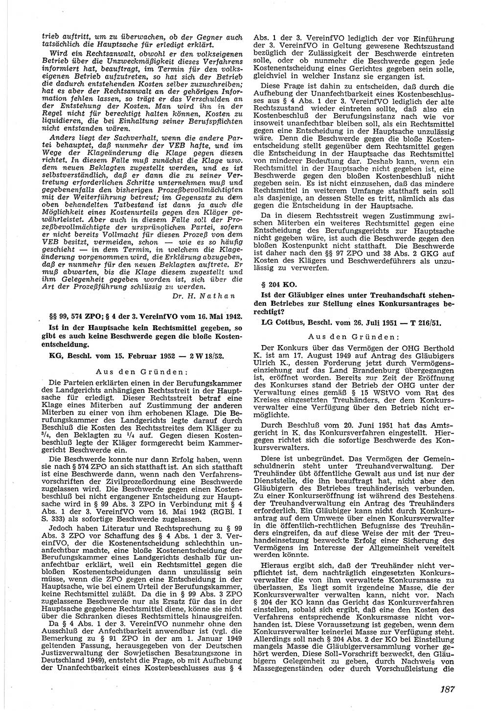 Neue Justiz (NJ), Zeitschrift für Recht und Rechtswissenschaft [Deutsche Demokratische Republik (DDR)], 6. Jahrgang 1952, Seite 187 (NJ DDR 1952, S. 187)