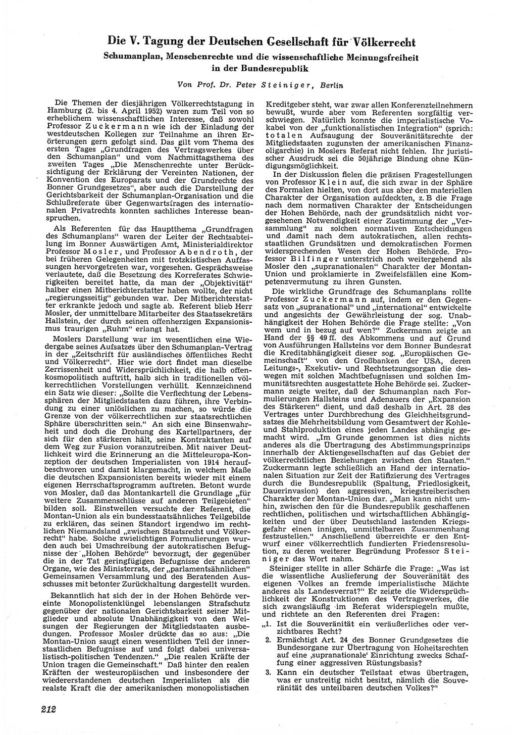 Neue Justiz (NJ), Zeitschrift für Recht und Rechtswissenschaft [Deutsche Demokratische Republik (DDR)], 6. Jahrgang 1952, Seite 212 (NJ DDR 1952, S. 212)