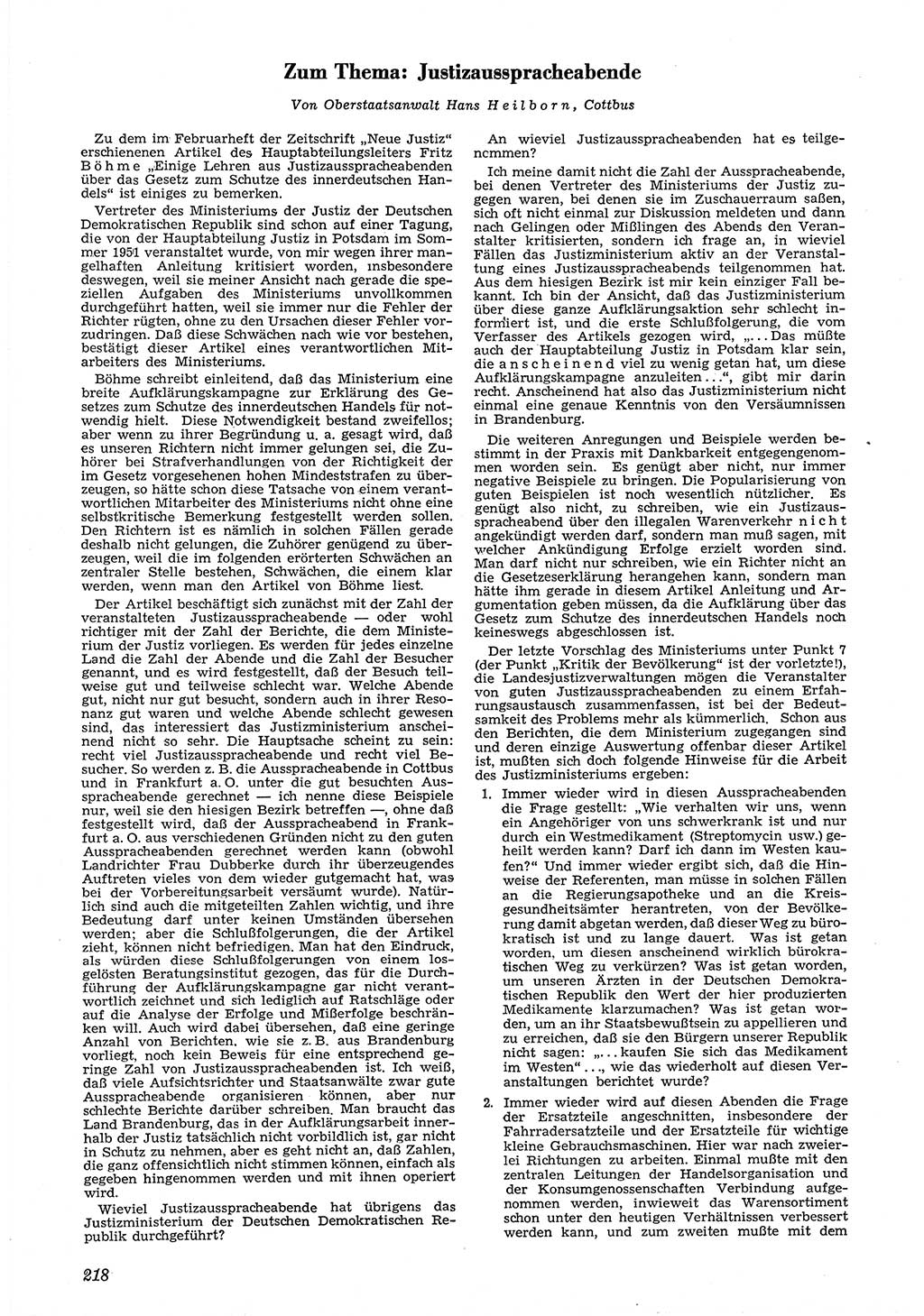 Neue Justiz (NJ), Zeitschrift für Recht und Rechtswissenschaft [Deutsche Demokratische Republik (DDR)], 6. Jahrgang 1952, Seite 218 (NJ DDR 1952, S. 218)