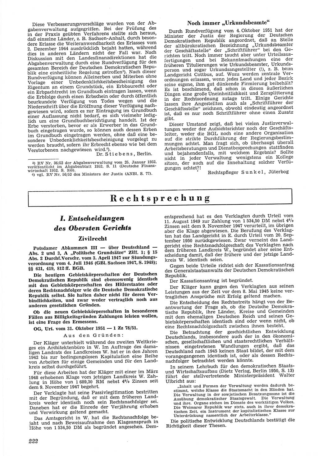 Neue Justiz (NJ), Zeitschrift für Recht und Rechtswissenschaft [Deutsche Demokratische Republik (DDR)], 6. Jahrgang 1952, Seite 222 (NJ DDR 1952, S. 222)