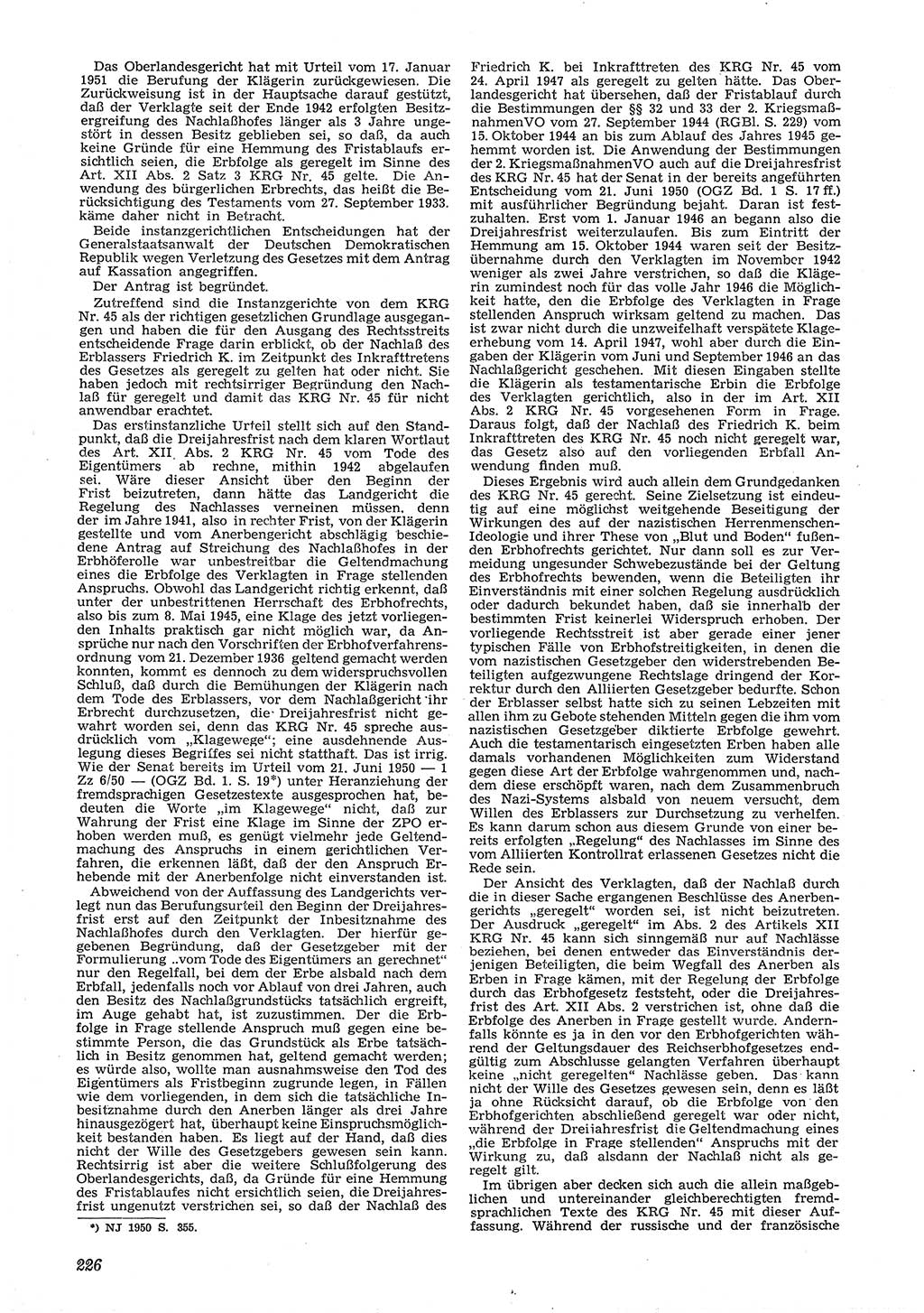 Neue Justiz (NJ), Zeitschrift für Recht und Rechtswissenschaft [Deutsche Demokratische Republik (DDR)], 6. Jahrgang 1952, Seite 226 (NJ DDR 1952, S. 226)