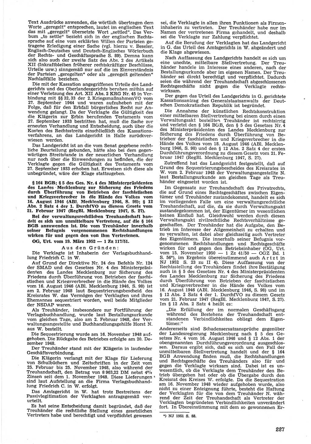 Neue Justiz (NJ), Zeitschrift für Recht und Rechtswissenschaft [Deutsche Demokratische Republik (DDR)], 6. Jahrgang 1952, Seite 227 (NJ DDR 1952, S. 227)