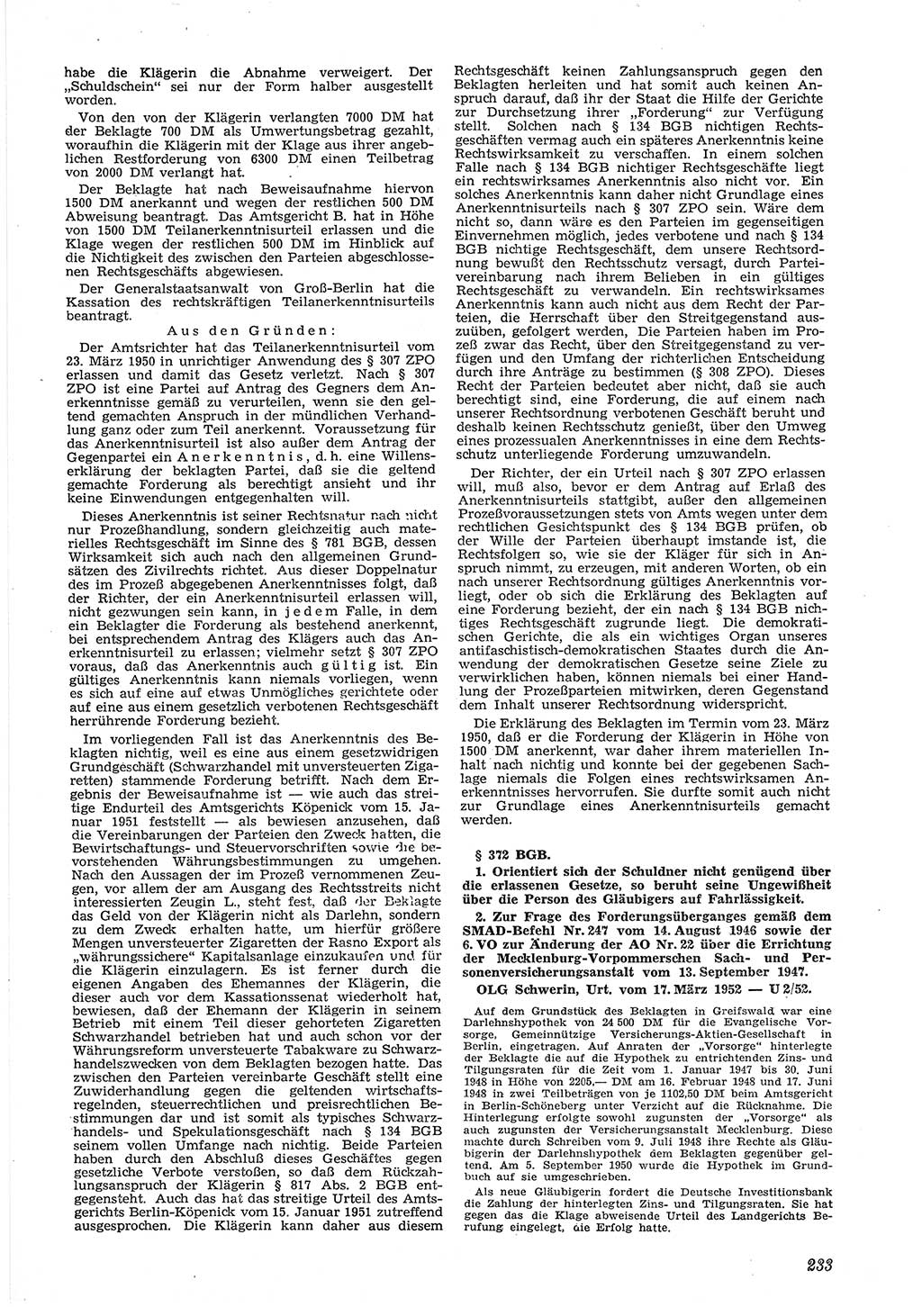 Neue Justiz (NJ), Zeitschrift für Recht und Rechtswissenschaft [Deutsche Demokratische Republik (DDR)], 6. Jahrgang 1952, Seite 233 (NJ DDR 1952, S. 233)