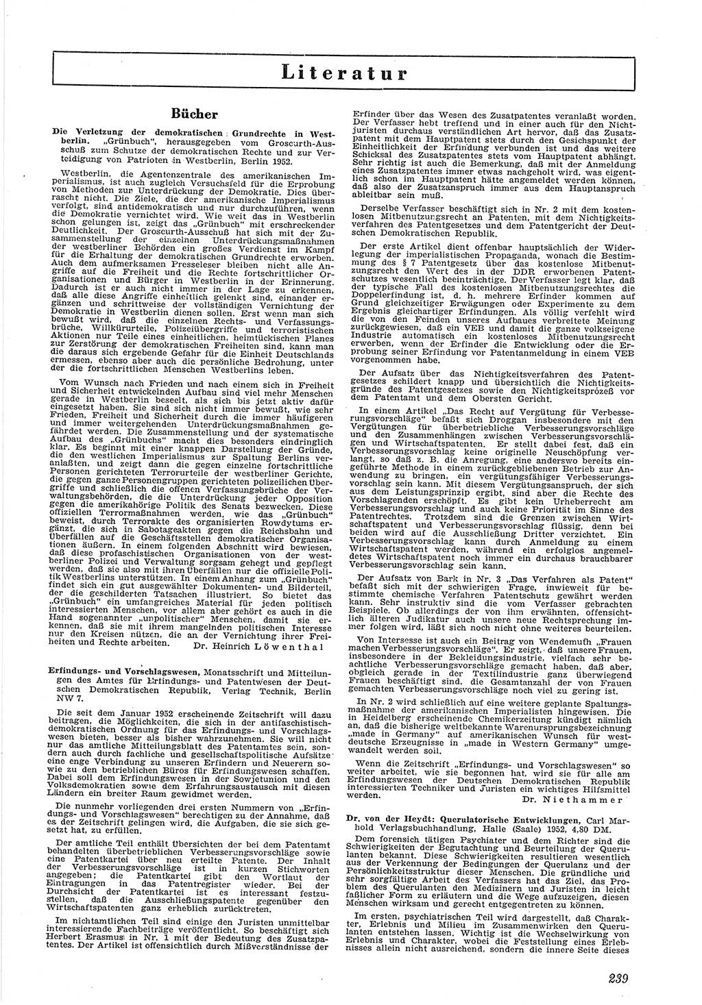 Neue Justiz (NJ), Zeitschrift für Recht und Rechtswissenschaft [Deutsche Demokratische Republik (DDR)], 6. Jahrgang 1952, Seite 239 (NJ DDR 1952, S. 239)
