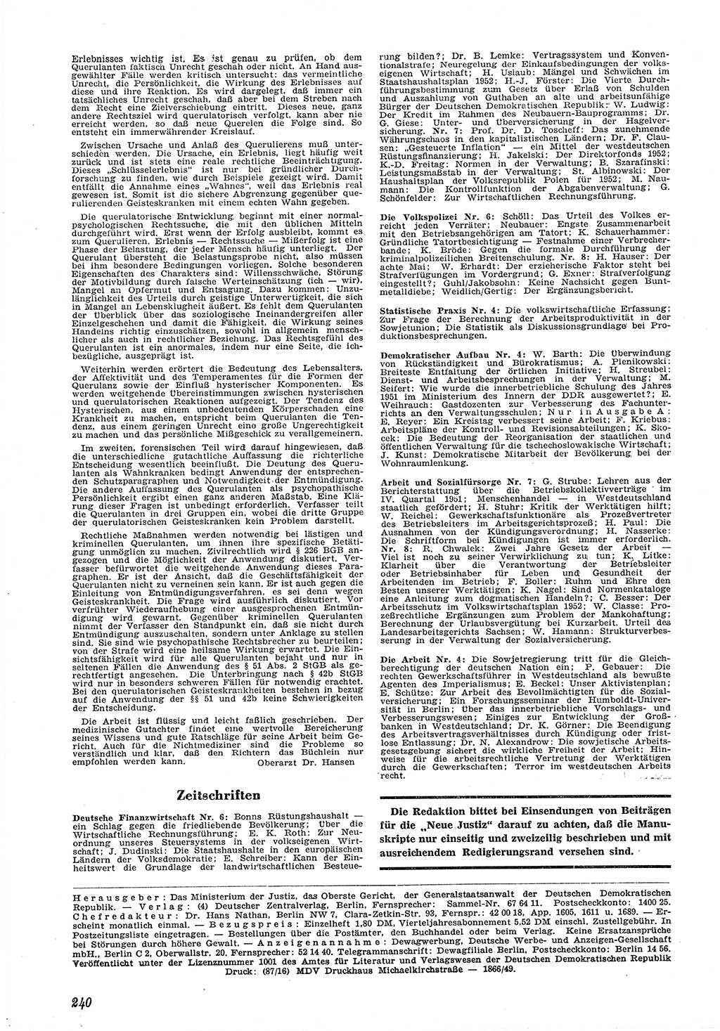 Neue Justiz (NJ), Zeitschrift für Recht und Rechtswissenschaft [Deutsche Demokratische Republik (DDR)], 6. Jahrgang 1952, Seite 240 (NJ DDR 1952, S. 240)