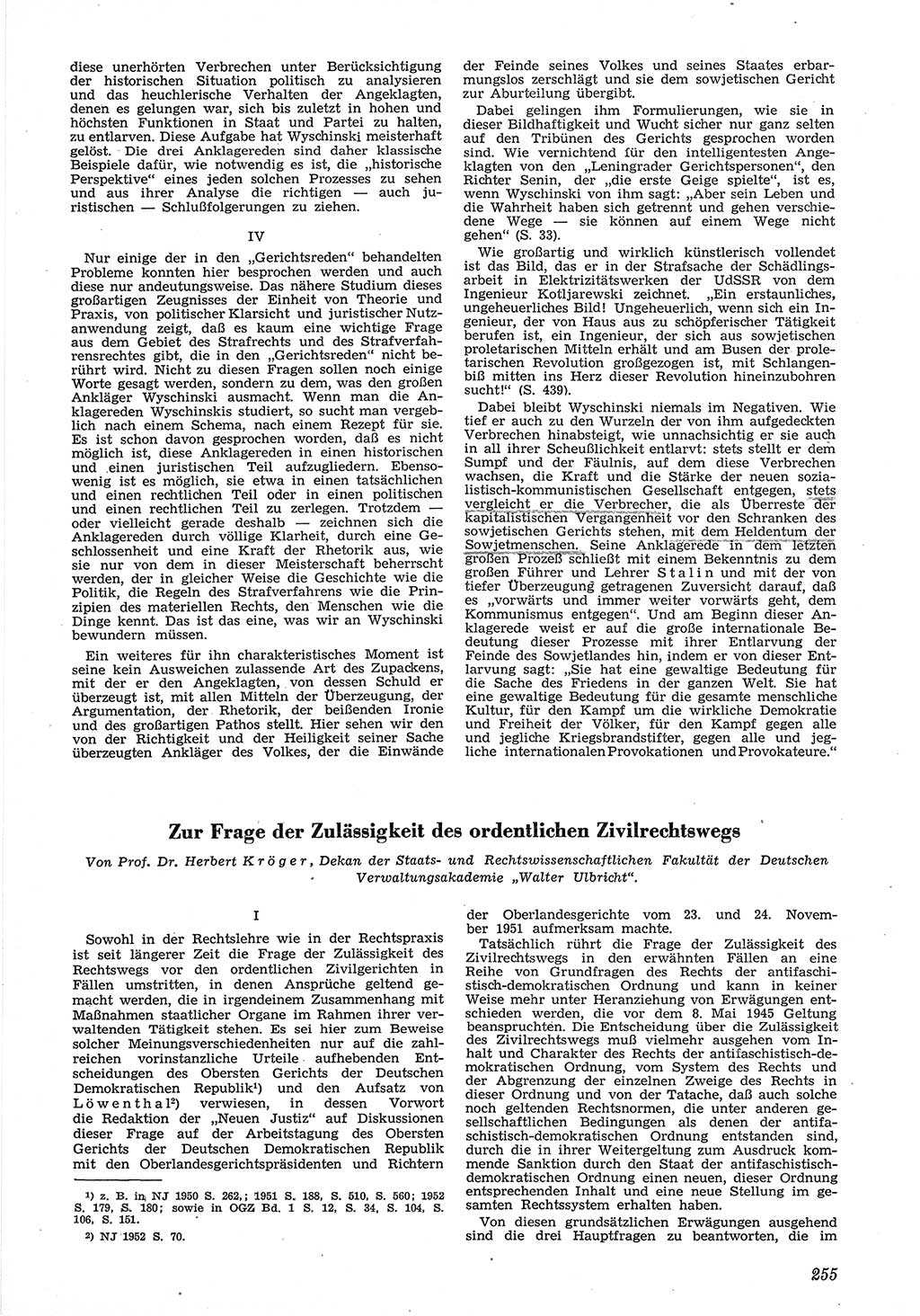 Neue Justiz (NJ), Zeitschrift für Recht und Rechtswissenschaft [Deutsche Demokratische Republik (DDR)], 6. Jahrgang 1952, Seite 255 (NJ DDR 1952, S. 255)