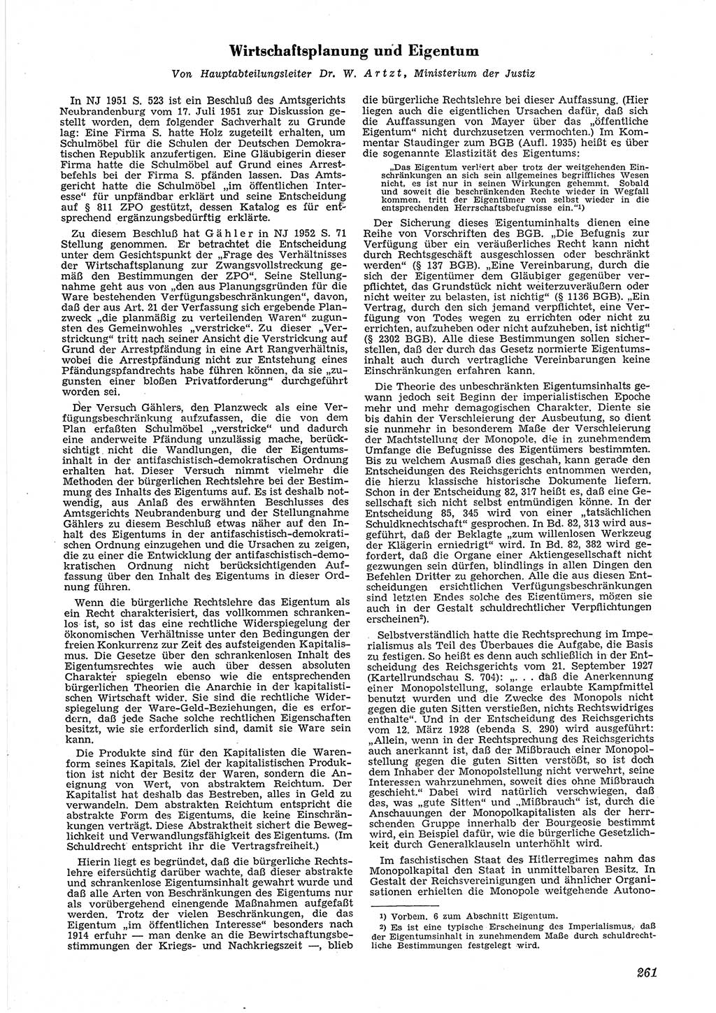Neue Justiz (NJ), Zeitschrift für Recht und Rechtswissenschaft [Deutsche Demokratische Republik (DDR)], 6. Jahrgang 1952, Seite 261 (NJ DDR 1952, S. 261)