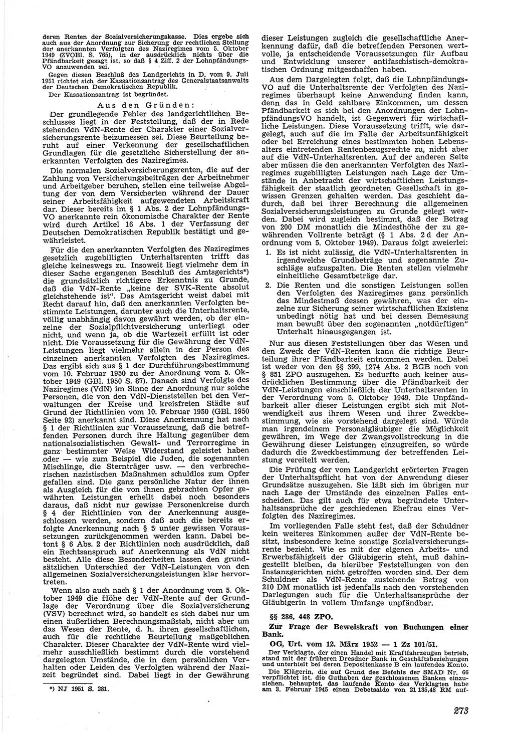 Neue Justiz (NJ), Zeitschrift für Recht und Rechtswissenschaft [Deutsche Demokratische Republik (DDR)], 6. Jahrgang 1952, Seite 273 (NJ DDR 1952, S. 273)