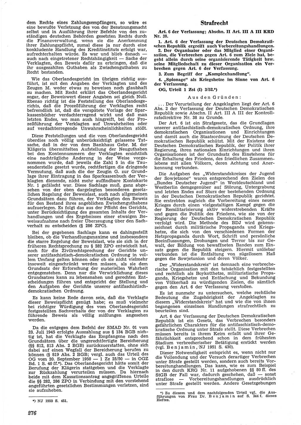 Neue Justiz (NJ), Zeitschrift für Recht und Rechtswissenschaft [Deutsche Demokratische Republik (DDR)], 6. Jahrgang 1952, Seite 276 (NJ DDR 1952, S. 276)