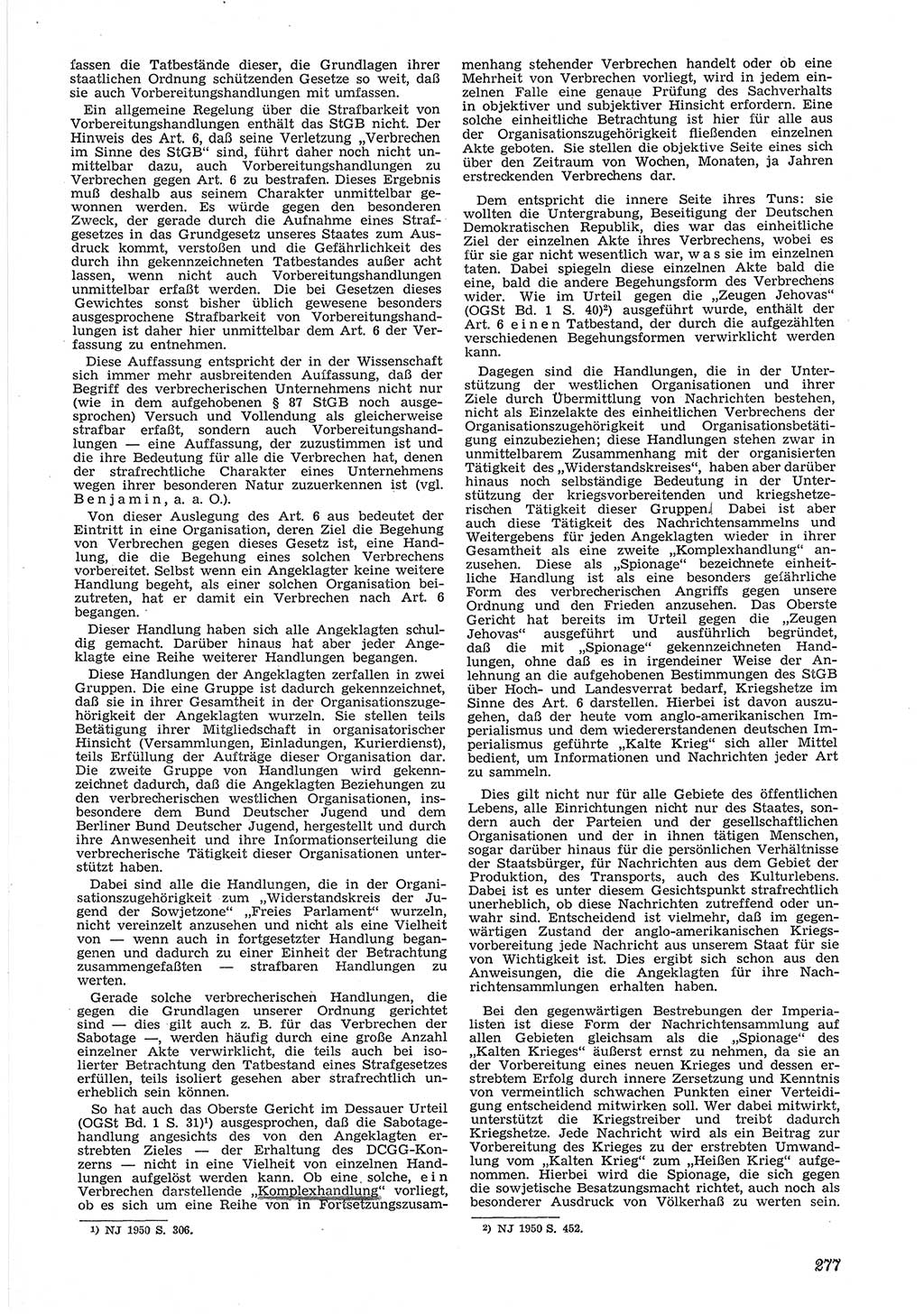 Neue Justiz (NJ), Zeitschrift für Recht und Rechtswissenschaft [Deutsche Demokratische Republik (DDR)], 6. Jahrgang 1952, Seite 277 (NJ DDR 1952, S. 277)