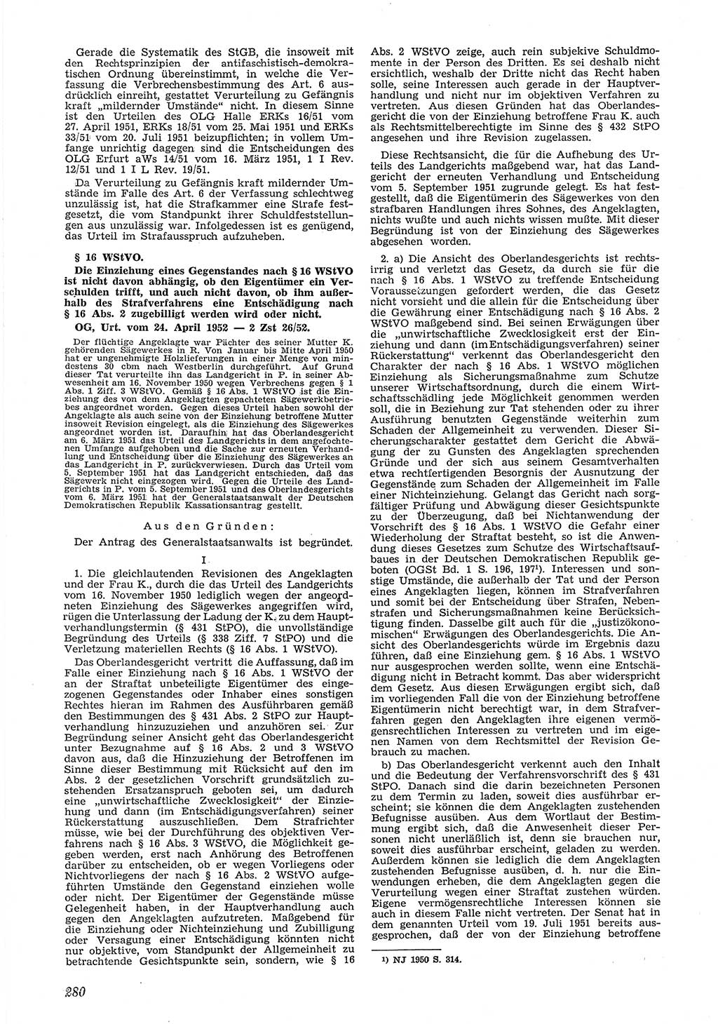 Neue Justiz (NJ), Zeitschrift für Recht und Rechtswissenschaft [Deutsche Demokratische Republik (DDR)], 6. Jahrgang 1952, Seite 280 (NJ DDR 1952, S. 280)