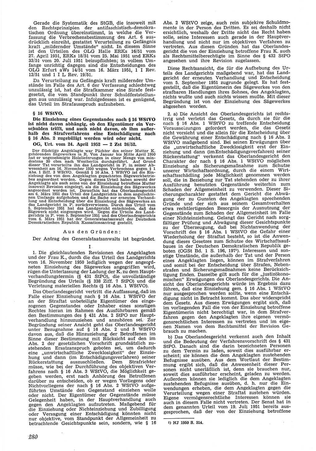 Neue Justiz (NJ), Zeitschrift für Recht und Rechtswissenschaft [Deutsche Demokratische Republik (DDR)], 6. Jahrgang 1952, Seite 280 (NJ DDR 1952, S. 280)