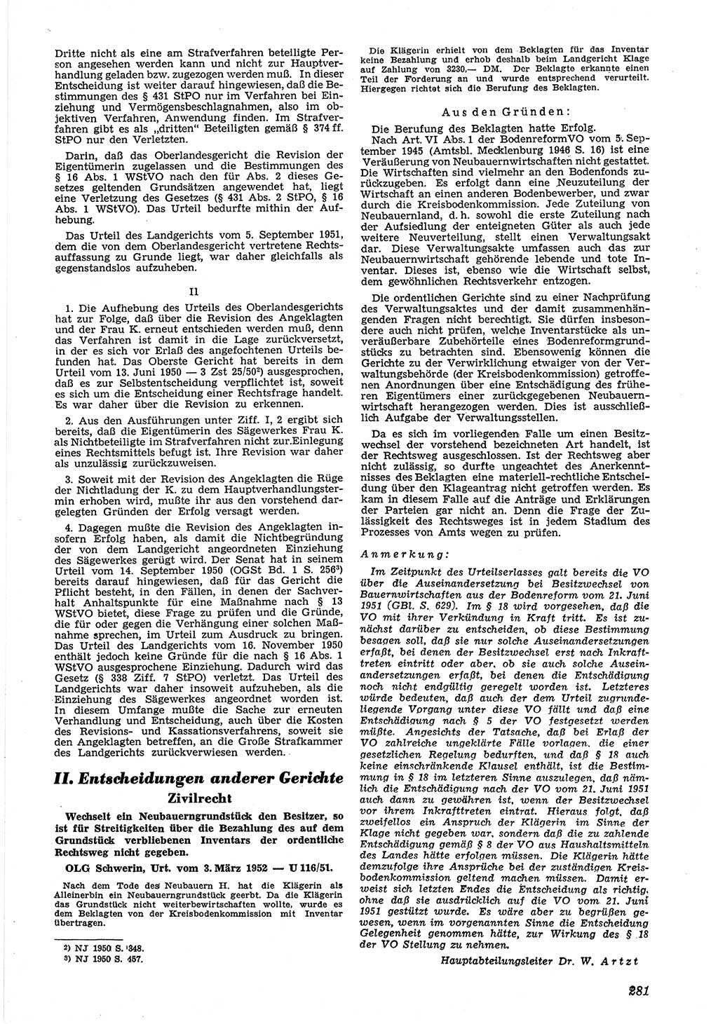 Neue Justiz (NJ), Zeitschrift für Recht und Rechtswissenschaft [Deutsche Demokratische Republik (DDR)], 6. Jahrgang 1952, Seite 281 (NJ DDR 1952, S. 281)