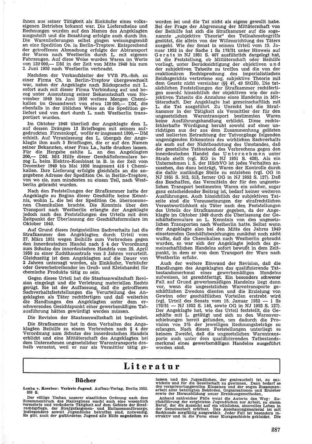 Neue Justiz (NJ), Zeitschrift für Recht und Rechtswissenschaft [Deutsche Demokratische Republik (DDR)], 6. Jahrgang 1952, Seite 287 (NJ DDR 1952, S. 287)