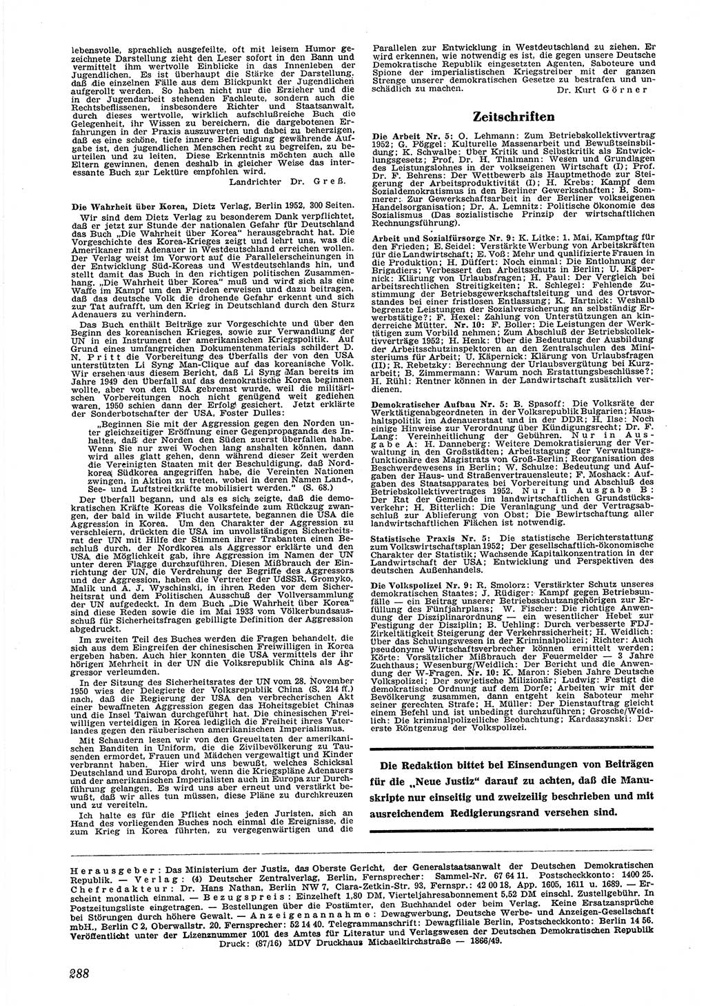 Neue Justiz (NJ), Zeitschrift für Recht und Rechtswissenschaft [Deutsche Demokratische Republik (DDR)], 6. Jahrgang 1952, Seite 288 (NJ DDR 1952, S. 288)