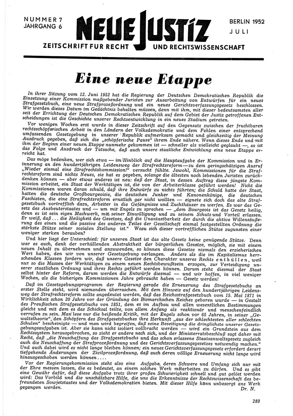 Neue Justiz (NJ), Zeitschrift für Recht und Rechtswissenschaft [Deutsche Demokratische Republik (DDR)], 6. Jahrgang 1952, Seite 289 (NJ DDR 1952, S. 289)
