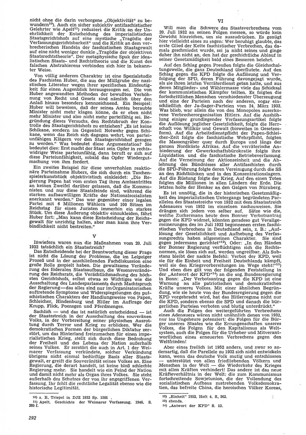 Neue Justiz (NJ), Zeitschrift für Recht und Rechtswissenschaft [Deutsche Demokratische Republik (DDR)], 6. Jahrgang 1952, Seite 292 (NJ DDR 1952, S. 292)