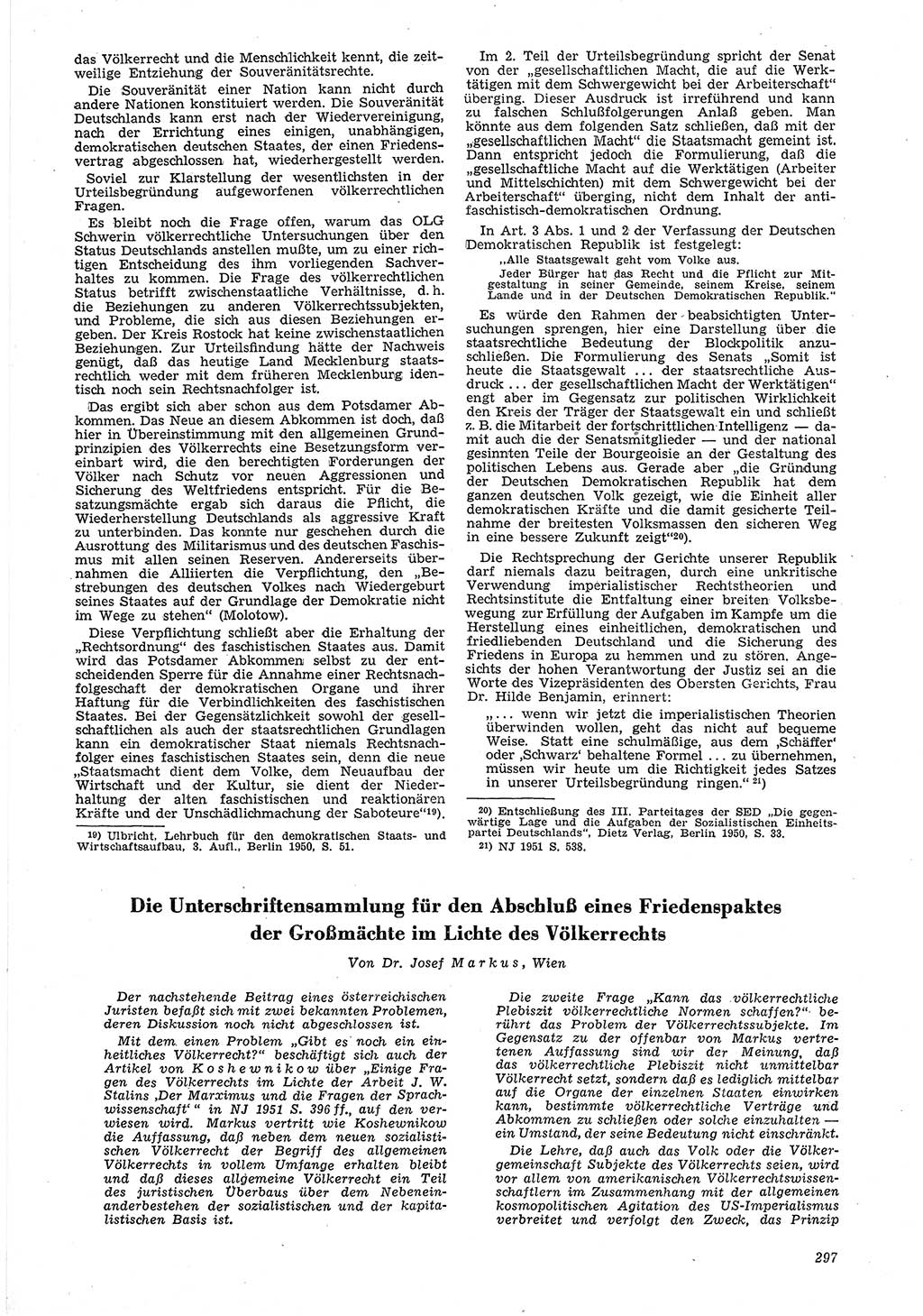 Neue Justiz (NJ), Zeitschrift für Recht und Rechtswissenschaft [Deutsche Demokratische Republik (DDR)], 6. Jahrgang 1952, Seite 297 (NJ DDR 1952, S. 297)