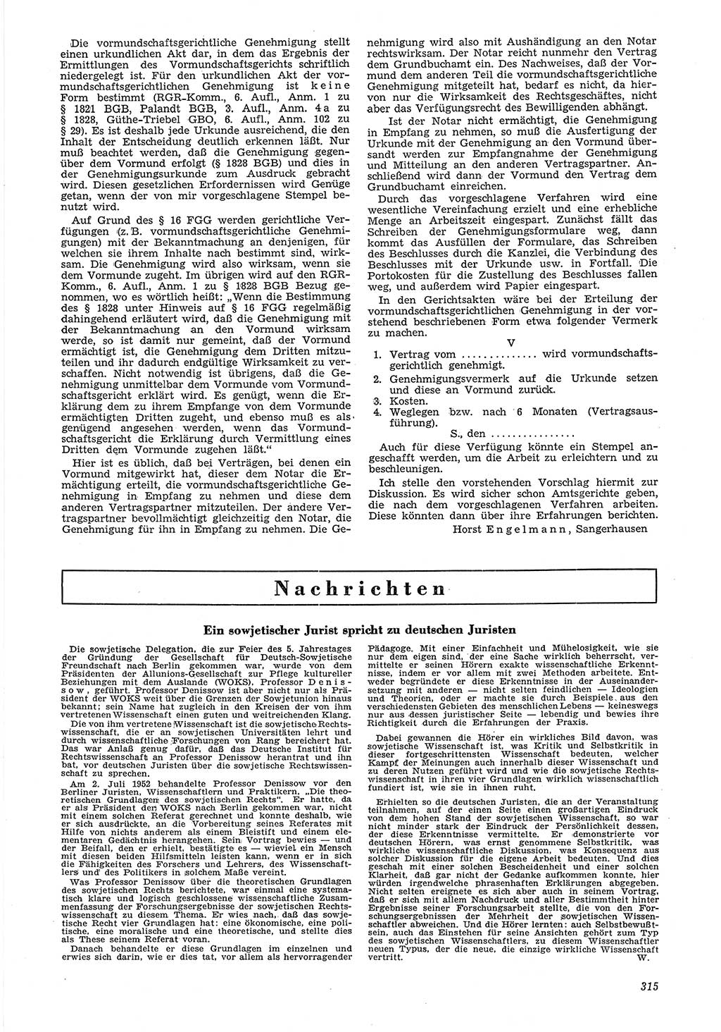 Neue Justiz (NJ), Zeitschrift für Recht und Rechtswissenschaft [Deutsche Demokratische Republik (DDR)], 6. Jahrgang 1952, Seite 315 (NJ DDR 1952, S. 315)