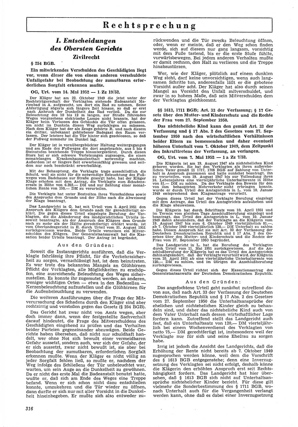 Neue Justiz (NJ), Zeitschrift für Recht und Rechtswissenschaft [Deutsche Demokratische Republik (DDR)], 6. Jahrgang 1952, Seite 316 (NJ DDR 1952, S. 316)