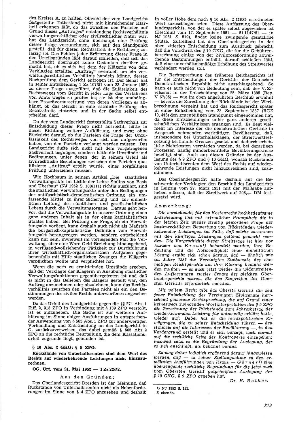 Neue Justiz (NJ), Zeitschrift für Recht und Rechtswissenschaft [Deutsche Demokratische Republik (DDR)], 6. Jahrgang 1952, Seite 319 (NJ DDR 1952, S. 319)
