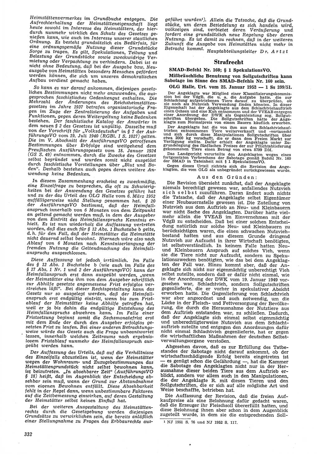 Neue Justiz (NJ), Zeitschrift für Recht und Rechtswissenschaft [Deutsche Demokratische Republik (DDR)], 6. Jahrgang 1952, Seite 332 (NJ DDR 1952, S. 332)