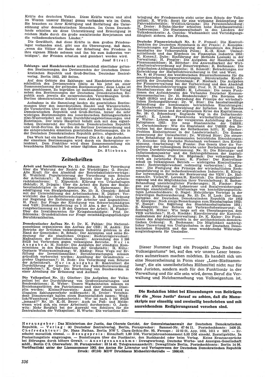 Neue Justiz (NJ), Zeitschrift für Recht und Rechtswissenschaft [Deutsche Demokratische Republik (DDR)], 6. Jahrgang 1952, Seite 336 (NJ DDR 1952, S. 336)