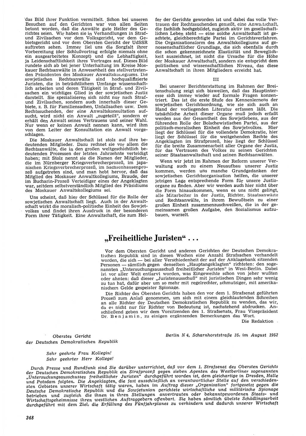 Neue Justiz (NJ), Zeitschrift für Recht und Rechtswissenschaft [Deutsche Demokratische Republik (DDR)], 6. Jahrgang 1952, Seite 348 (NJ DDR 1952, S. 348)