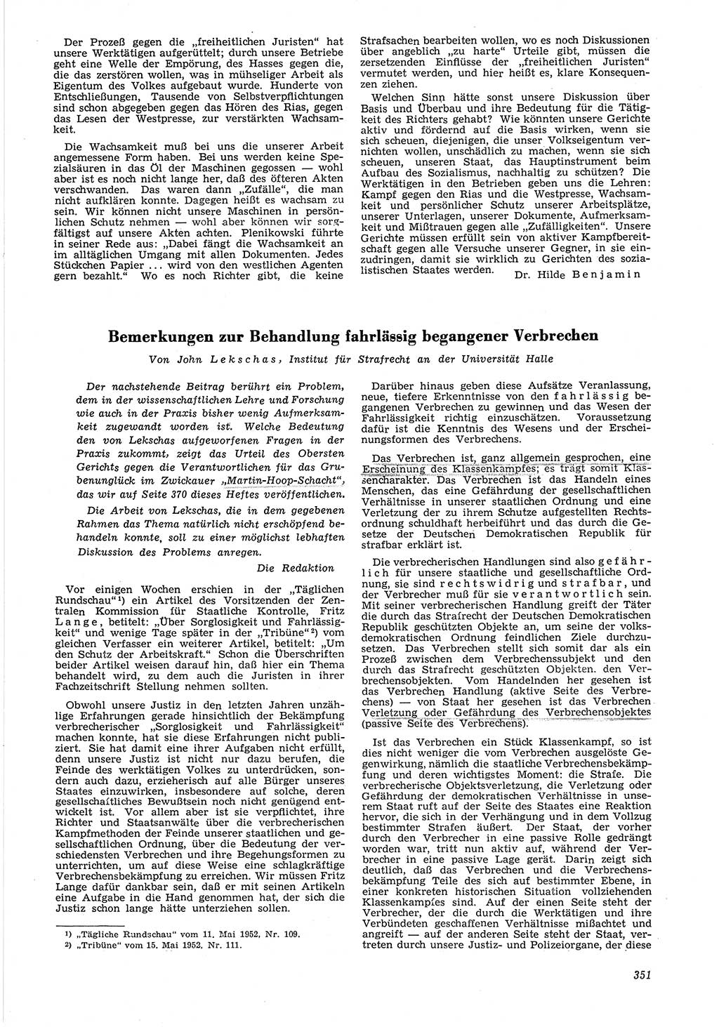 Neue Justiz (NJ), Zeitschrift für Recht und Rechtswissenschaft [Deutsche Demokratische Republik (DDR)], 6. Jahrgang 1952, Seite 351 (NJ DDR 1952, S. 351)