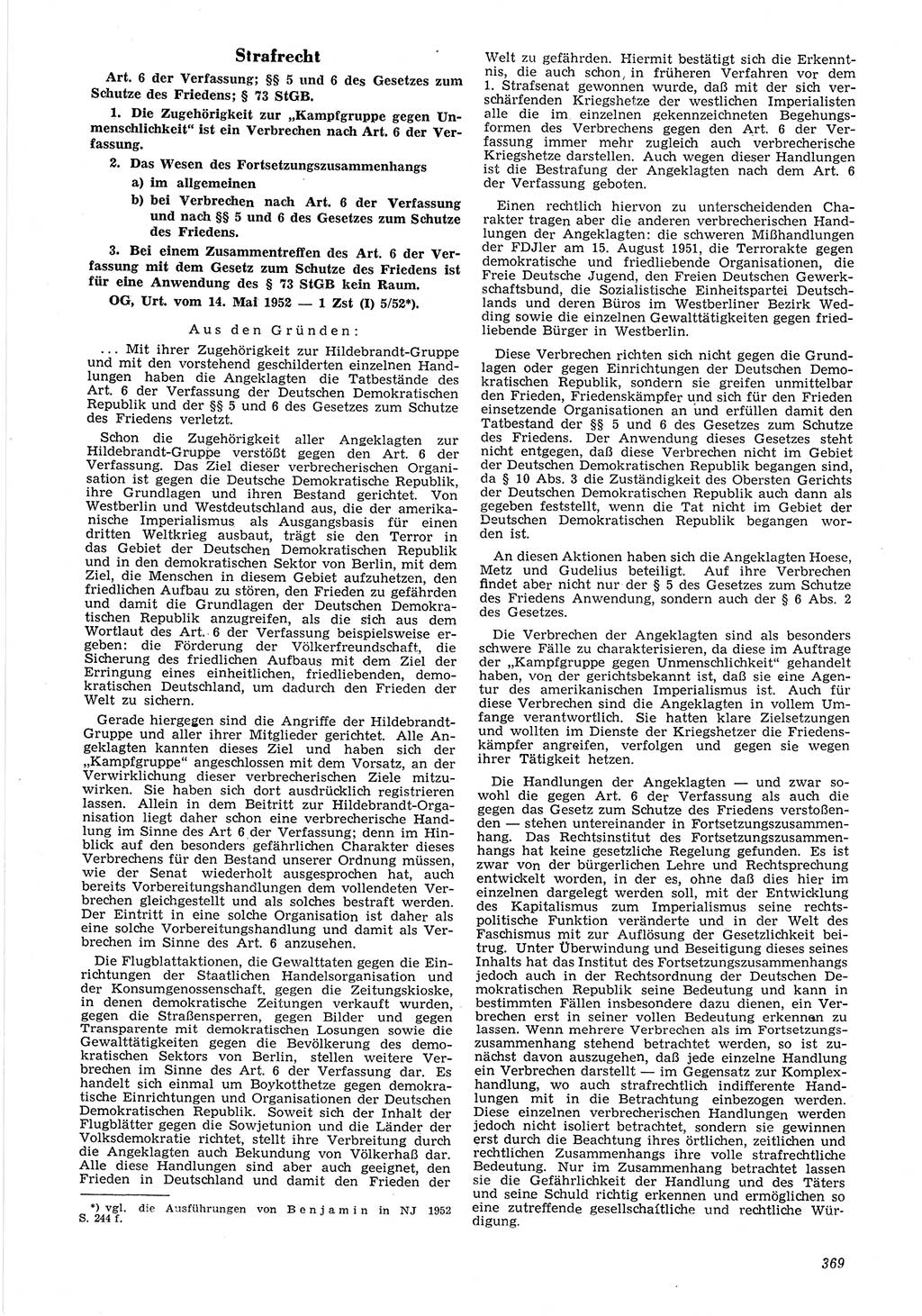 Neue Justiz (NJ), Zeitschrift für Recht und Rechtswissenschaft [Deutsche Demokratische Republik (DDR)], 6. Jahrgang 1952, Seite 369 (NJ DDR 1952, S. 369)