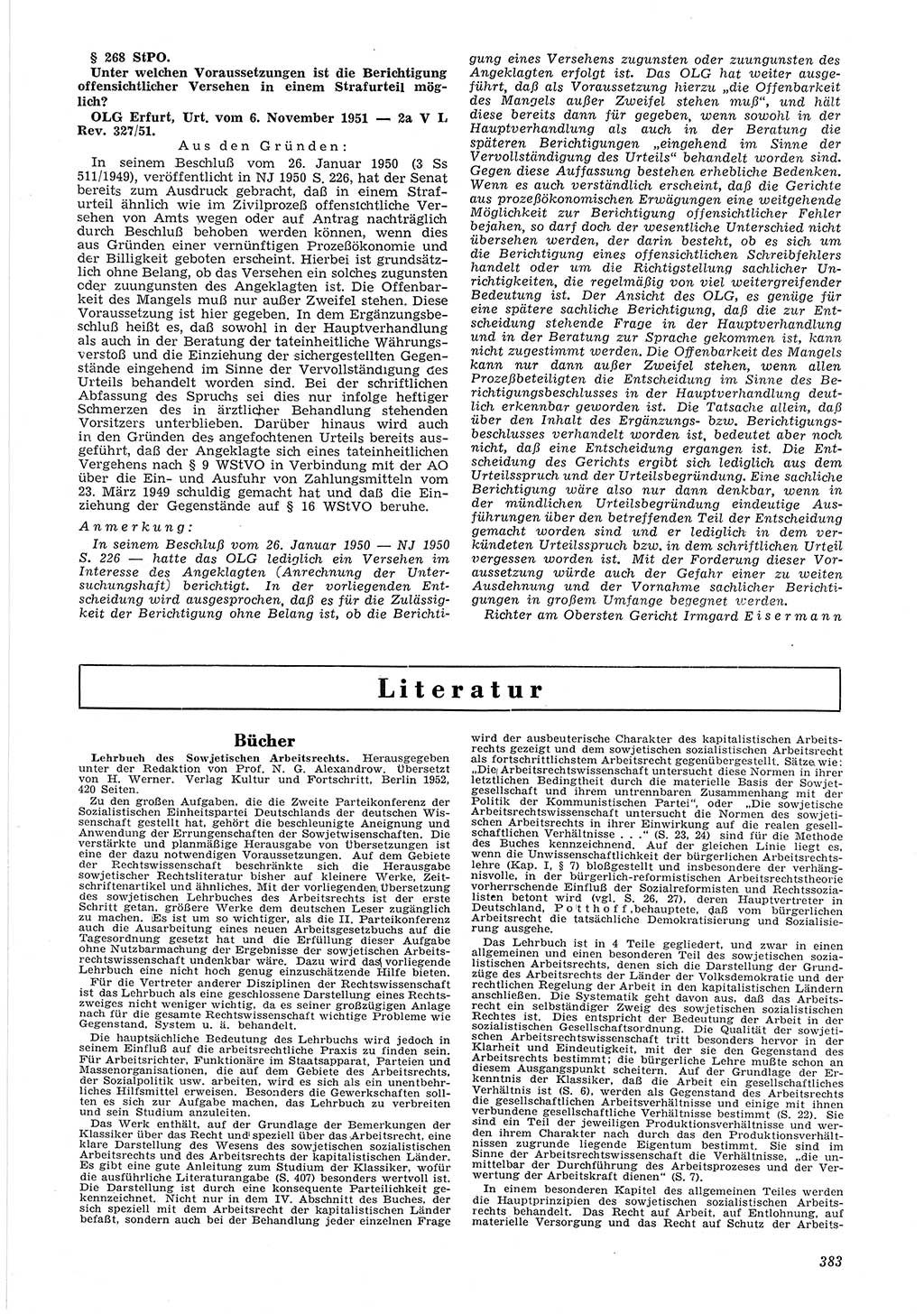 Neue Justiz (NJ), Zeitschrift für Recht und Rechtswissenschaft [Deutsche Demokratische Republik (DDR)], 6. Jahrgang 1952, Seite 383 (NJ DDR 1952, S. 383)