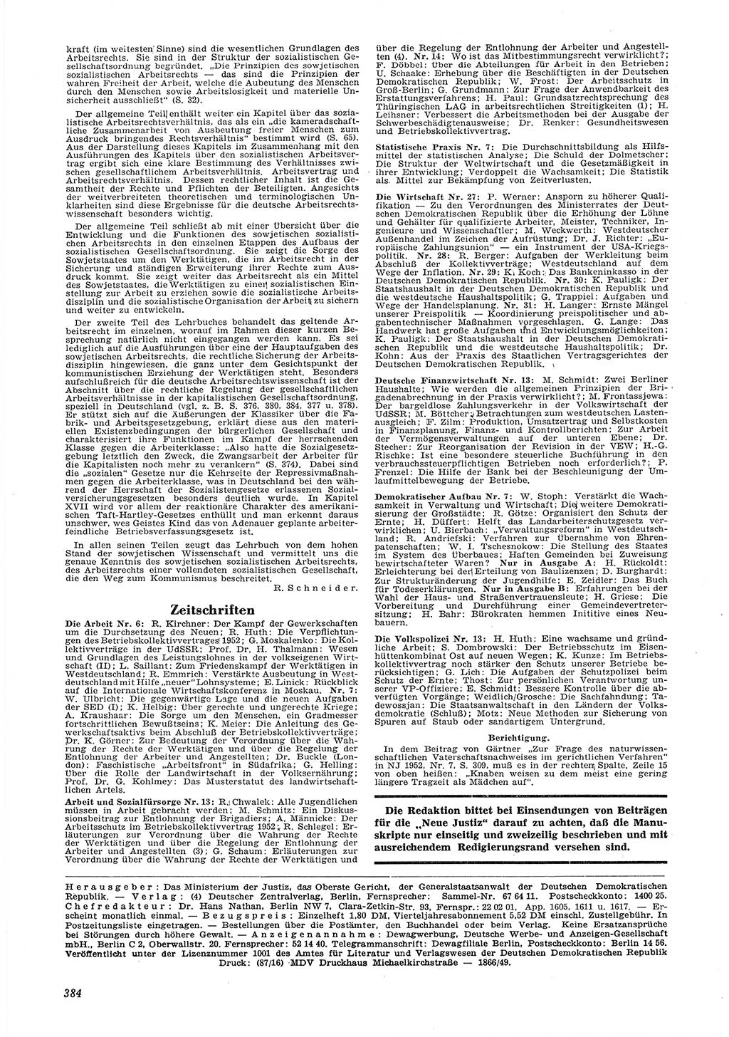 Neue Justiz (NJ), Zeitschrift für Recht und Rechtswissenschaft [Deutsche Demokratische Republik (DDR)], 6. Jahrgang 1952, Seite 384 (NJ DDR 1952, S. 384)