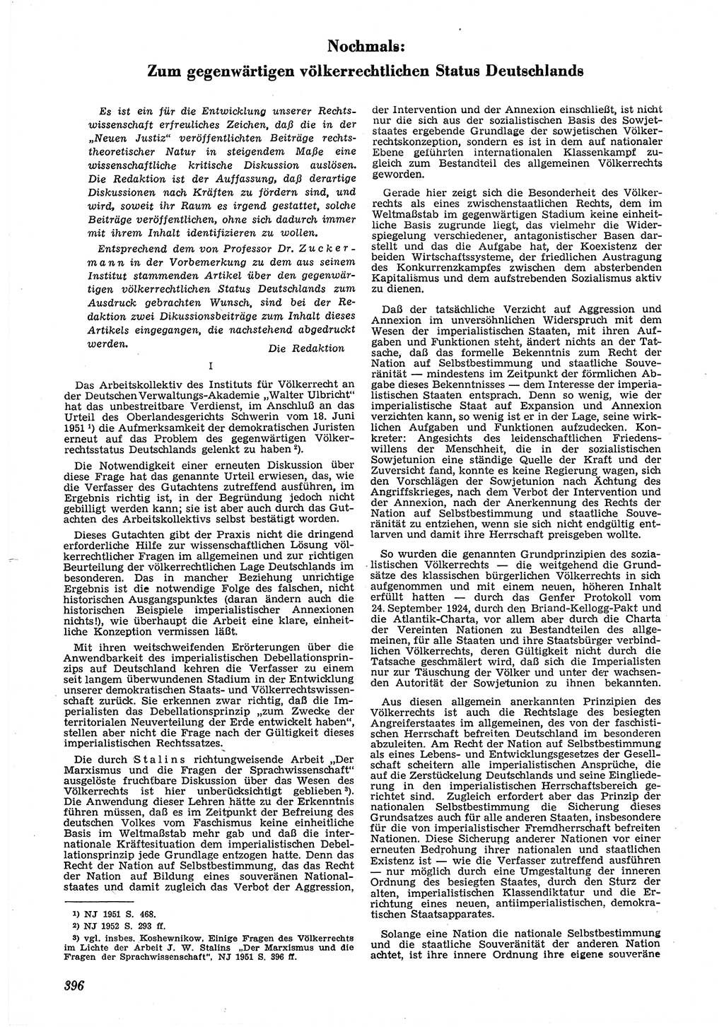 Neue Justiz (NJ), Zeitschrift für Recht und Rechtswissenschaft [Deutsche Demokratische Republik (DDR)], 6. Jahrgang 1952, Seite 396 (NJ DDR 1952, S. 396)