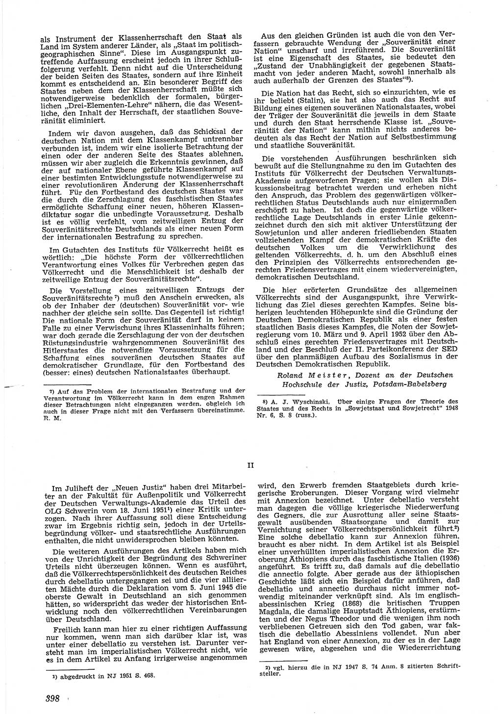 Neue Justiz (NJ), Zeitschrift für Recht und Rechtswissenschaft [Deutsche Demokratische Republik (DDR)], 6. Jahrgang 1952, Seite 398 (NJ DDR 1952, S. 398)