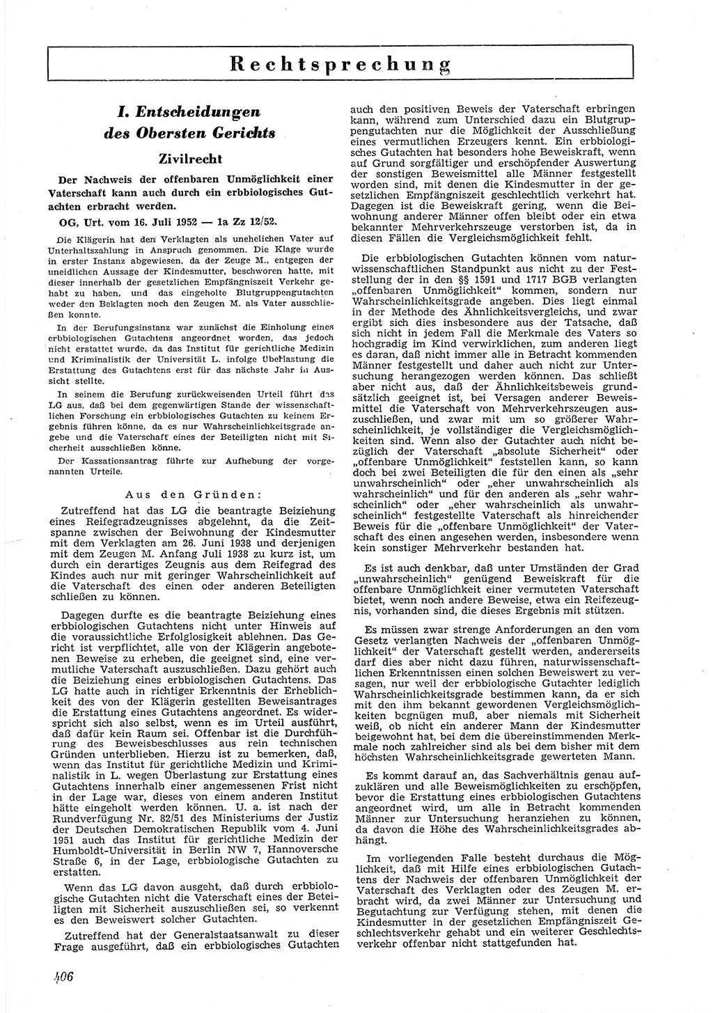 Neue Justiz (NJ), Zeitschrift für Recht und Rechtswissenschaft [Deutsche Demokratische Republik (DDR)], 6. Jahrgang 1952, Seite 406 (NJ DDR 1952, S. 406)