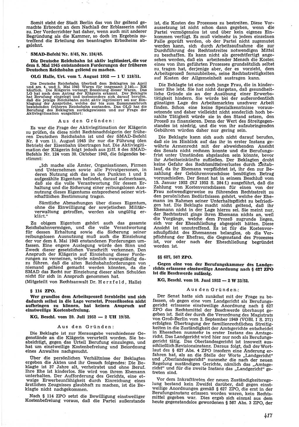 Neue Justiz (NJ), Zeitschrift für Recht und Rechtswissenschaft [Deutsche Demokratische Republik (DDR)], 6. Jahrgang 1952, Seite 417 (NJ DDR 1952, S. 417)