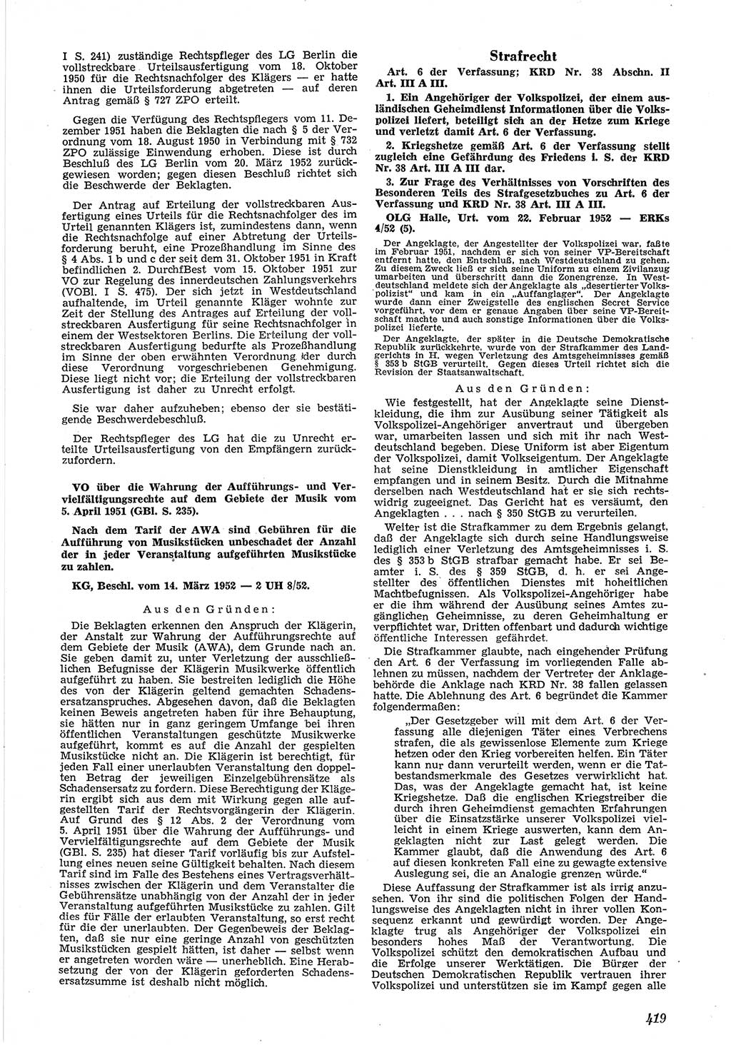 Neue Justiz (NJ), Zeitschrift für Recht und Rechtswissenschaft [Deutsche Demokratische Republik (DDR)], 6. Jahrgang 1952, Seite 419 (NJ DDR 1952, S. 419)