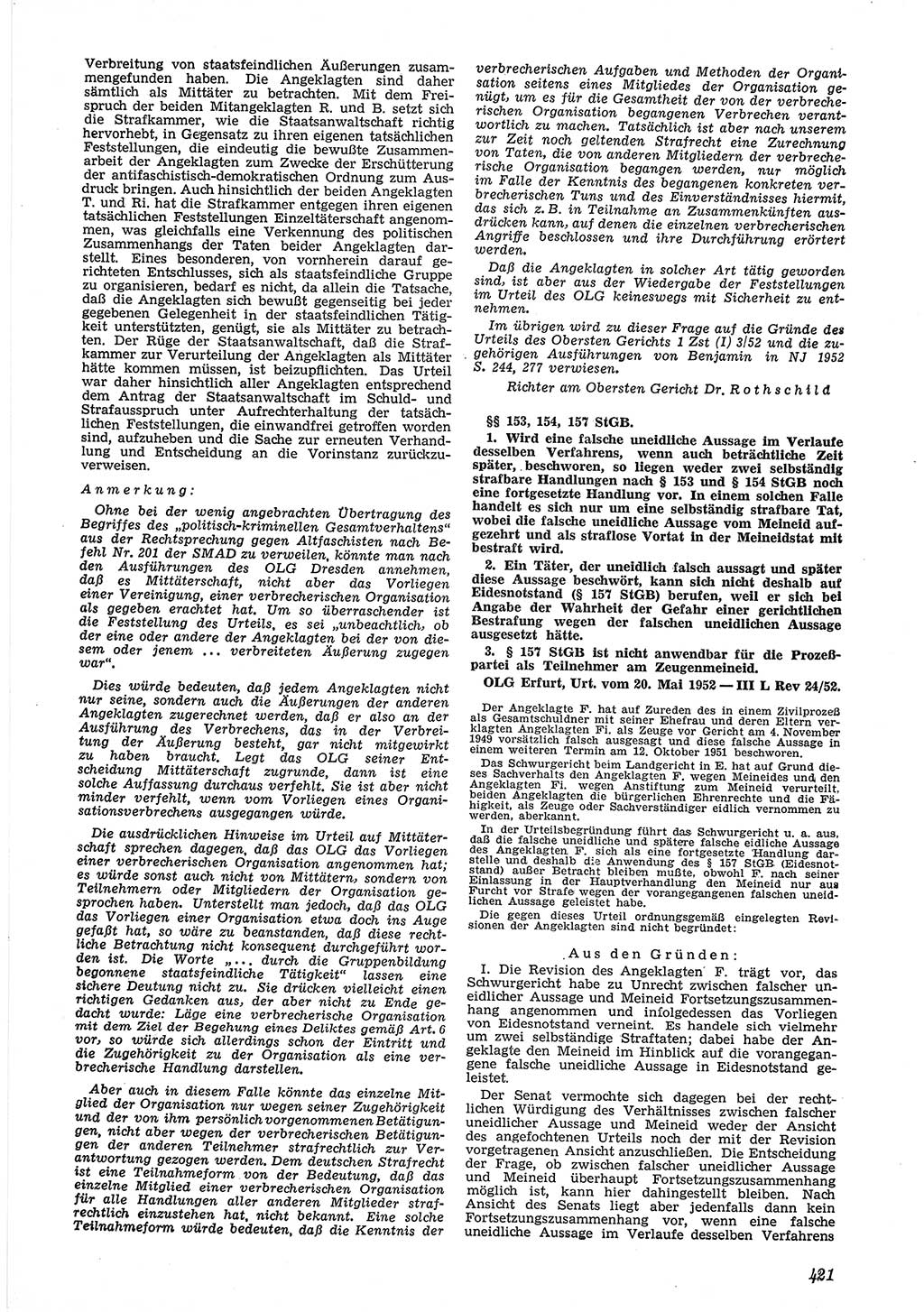 Neue Justiz (NJ), Zeitschrift für Recht und Rechtswissenschaft [Deutsche Demokratische Republik (DDR)], 6. Jahrgang 1952, Seite 421 (NJ DDR 1952, S. 421)