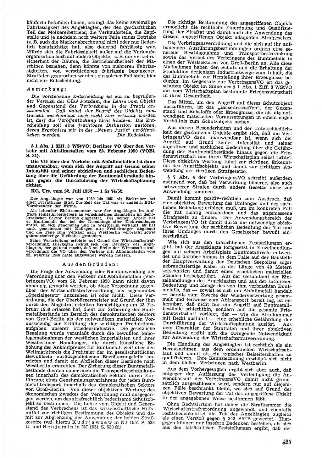 Neue Justiz (NJ), Zeitschrift für Recht und Rechtswissenschaft [Deutsche Demokratische Republik (DDR)], 6. Jahrgang 1952, Seite 423 (NJ DDR 1952, S. 423)