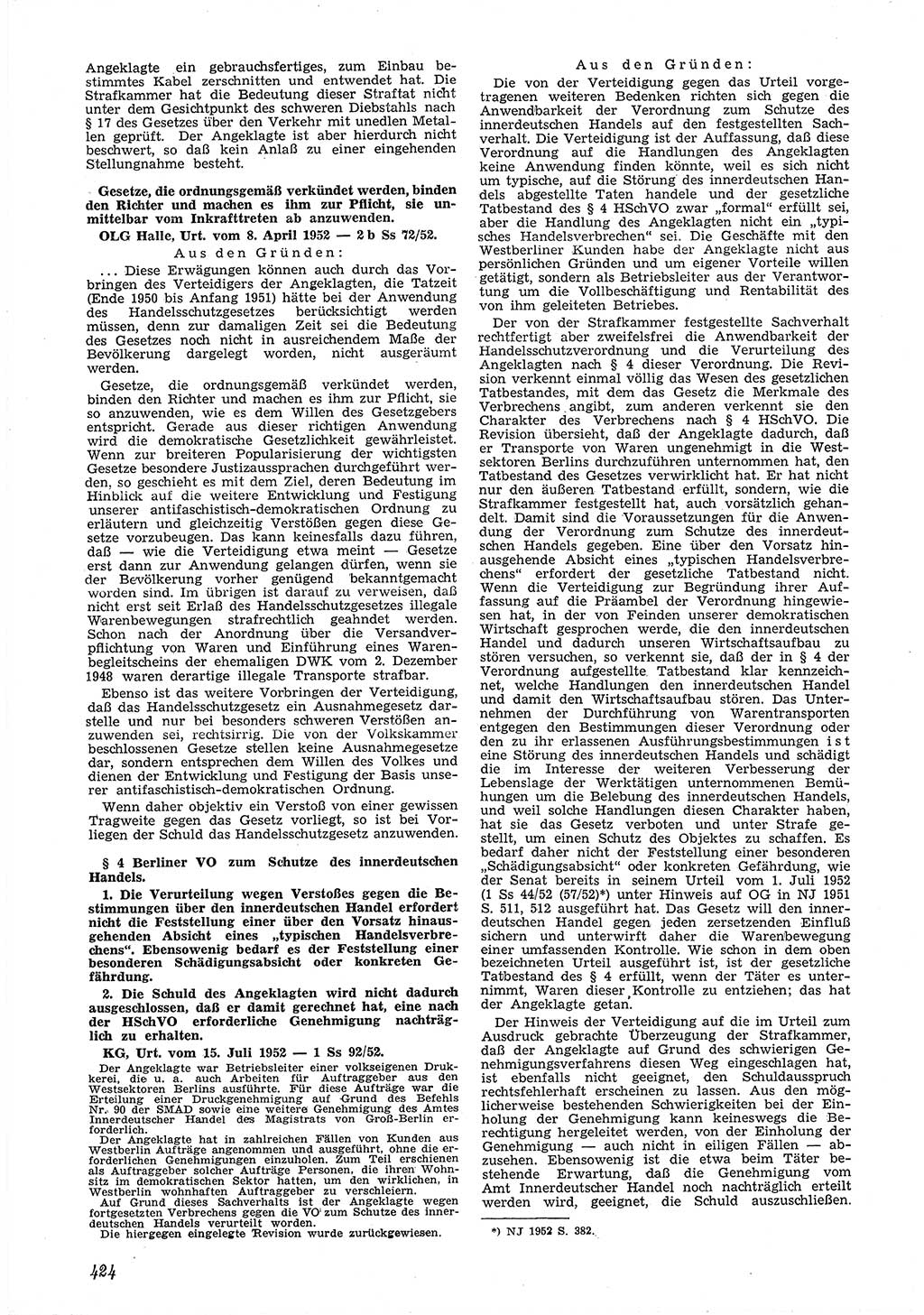 Neue Justiz (NJ), Zeitschrift für Recht und Rechtswissenschaft [Deutsche Demokratische Republik (DDR)], 6. Jahrgang 1952, Seite 424 (NJ DDR 1952, S. 424)