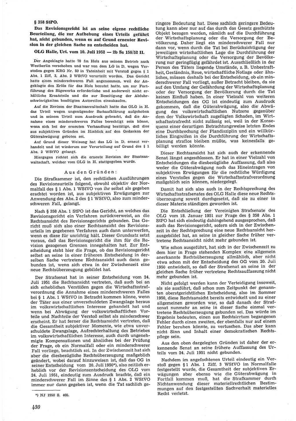 Neue Justiz (NJ), Zeitschrift für Recht und Rechtswissenschaft [Deutsche Demokratische Republik (DDR)], 6. Jahrgang 1952, Seite 430 (NJ DDR 1952, S. 430)