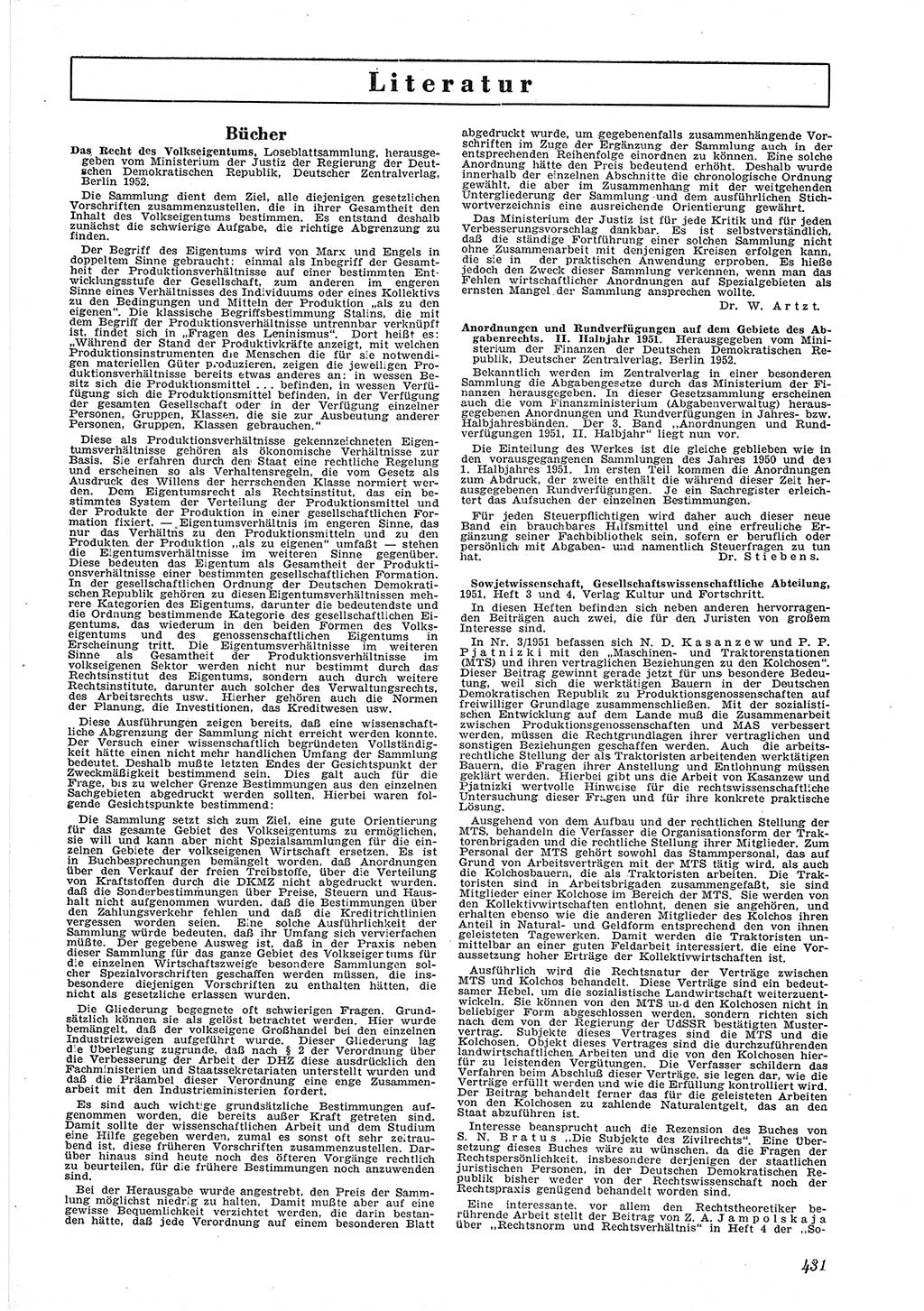 Neue Justiz (NJ), Zeitschrift für Recht und Rechtswissenschaft [Deutsche Demokratische Republik (DDR)], 6. Jahrgang 1952, Seite 431 (NJ DDR 1952, S. 431)