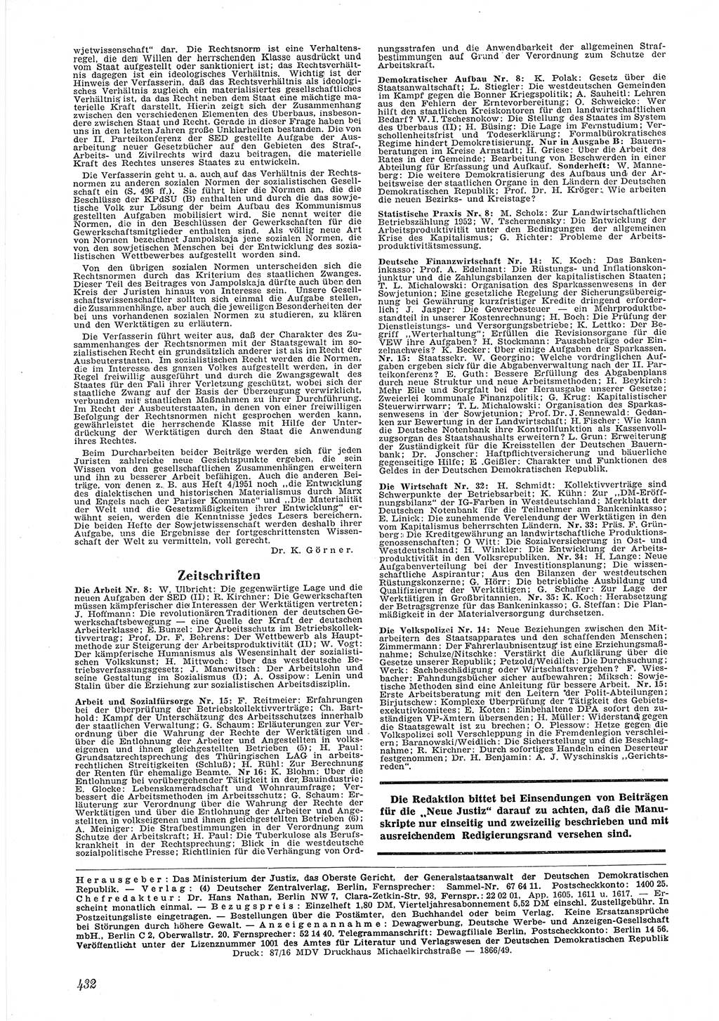 Neue Justiz (NJ), Zeitschrift für Recht und Rechtswissenschaft [Deutsche Demokratische Republik (DDR)], 6. Jahrgang 1952, Seite 432 (NJ DDR 1952, S. 432)