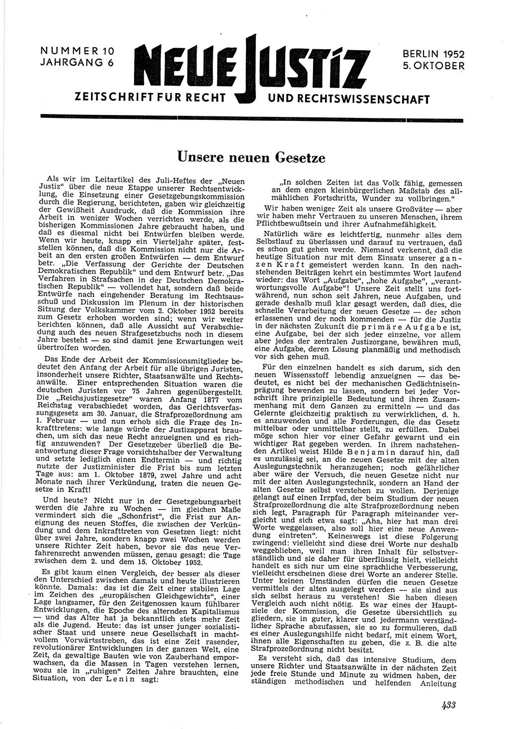 Neue Justiz (NJ), Zeitschrift für Recht und Rechtswissenschaft [Deutsche Demokratische Republik (DDR)], 6. Jahrgang 1952, Seite 433 (NJ DDR 1952, S. 433)