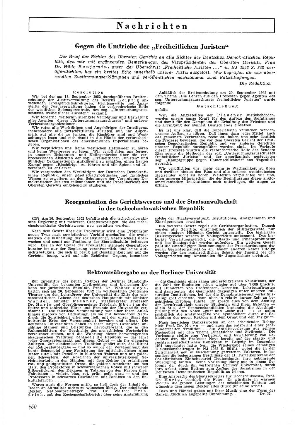 Neue Justiz (NJ), Zeitschrift für Recht und Rechtswissenschaft [Deutsche Demokratische Republik (DDR)], 6. Jahrgang 1952, Seite 450 (NJ DDR 1952, S. 450)