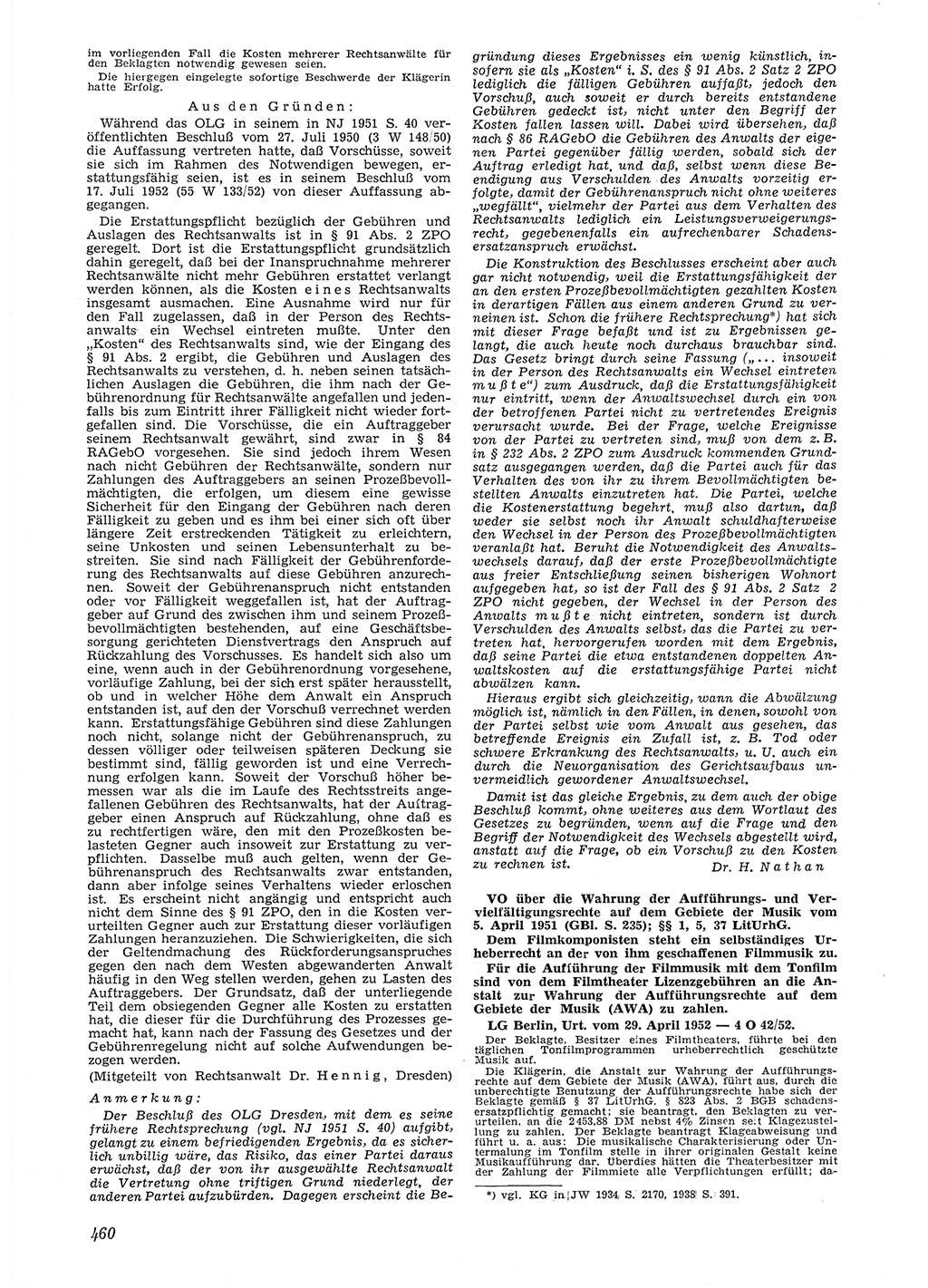 Neue Justiz (NJ), Zeitschrift für Recht und Rechtswissenschaft [Deutsche Demokratische Republik (DDR)], 6. Jahrgang 1952, Seite 460 (NJ DDR 1952, S. 460)