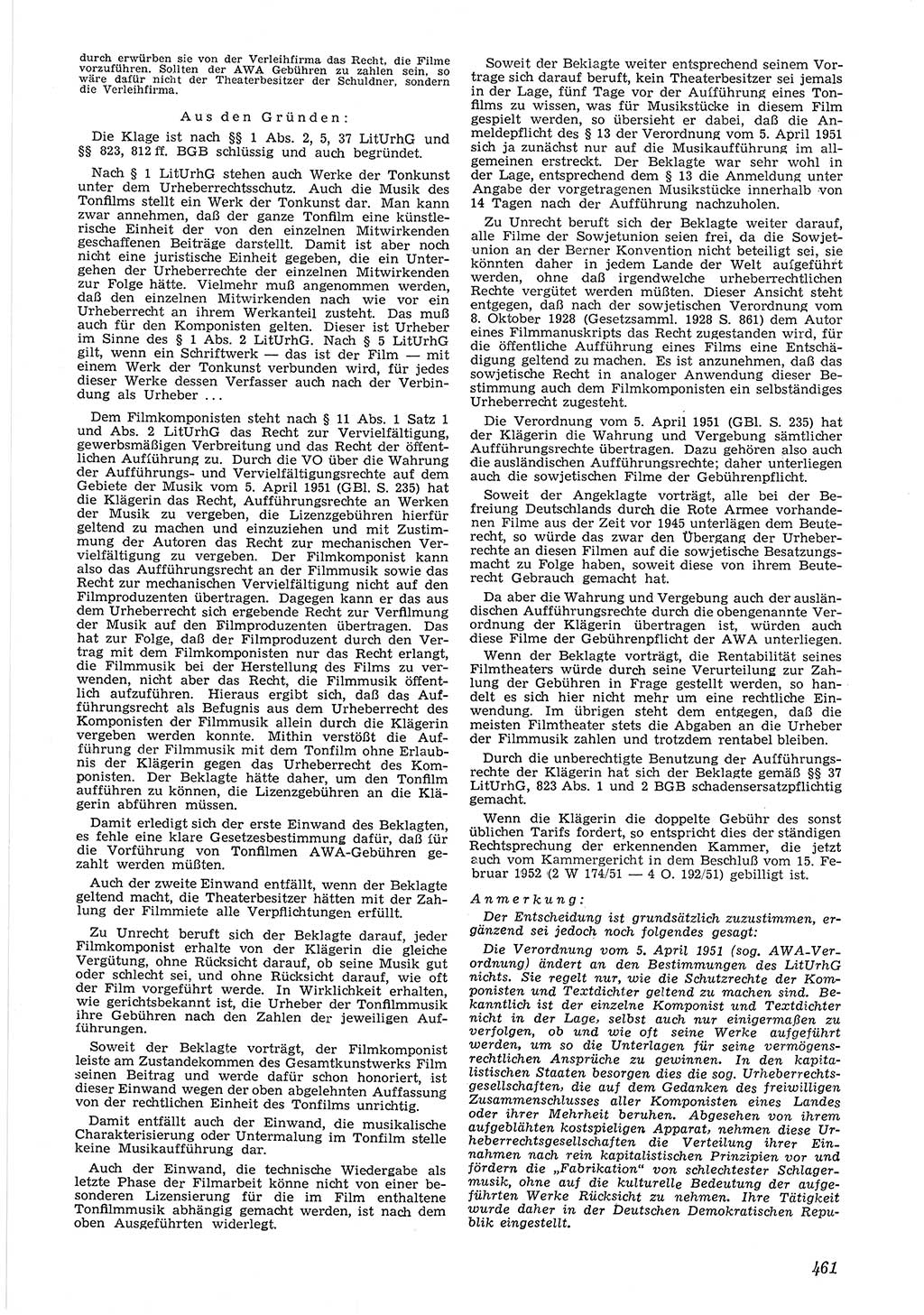 Neue Justiz (NJ), Zeitschrift für Recht und Rechtswissenschaft [Deutsche Demokratische Republik (DDR)], 6. Jahrgang 1952, Seite 461 (NJ DDR 1952, S. 461)